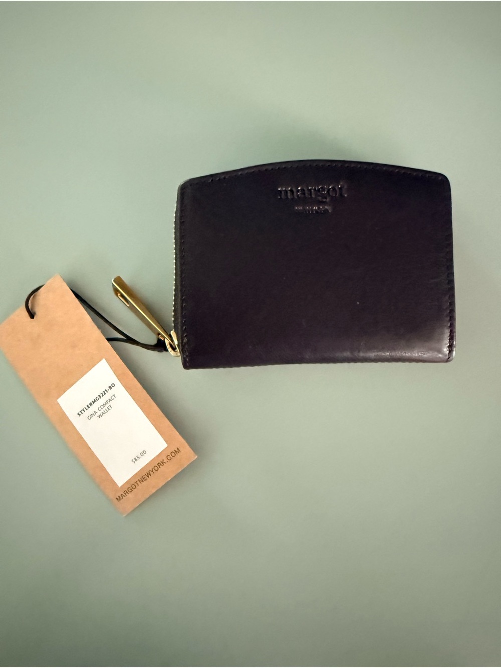 margot black leather wallet with gold-tone zip
